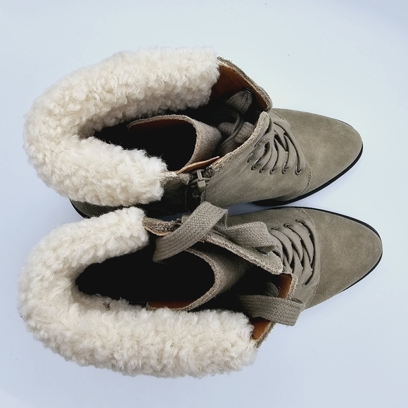 Lucky Brand Jacenia Olive Green Faux Shearling Leather Suede Booties size 8 - Picture 7 of 12